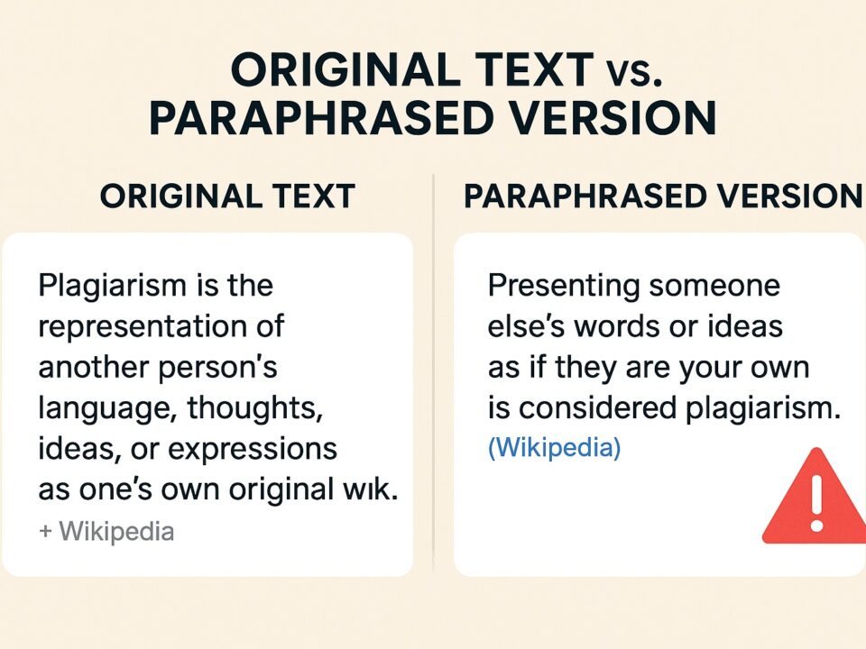Visual comparison of original and paraphrased text showing citation and plagiarism warning icon