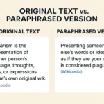Visual comparison of original and paraphrased text showing citation and plagiarism warning icon