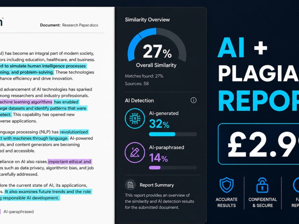 AI Turnitin Report sample showing similarity score and AI detection flags for pre-submission checking £2.99