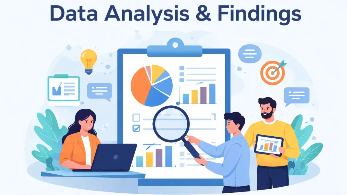 Data analysis vs findings in research, showing the flow from data to analysis to reported findings