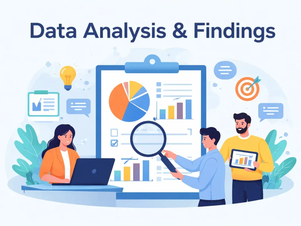 Data analysis vs findings in research, showing the flow from data to analysis to reported findings