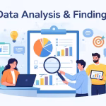 Data analysis vs findings in research, showing the flow from data to analysis to reported findings