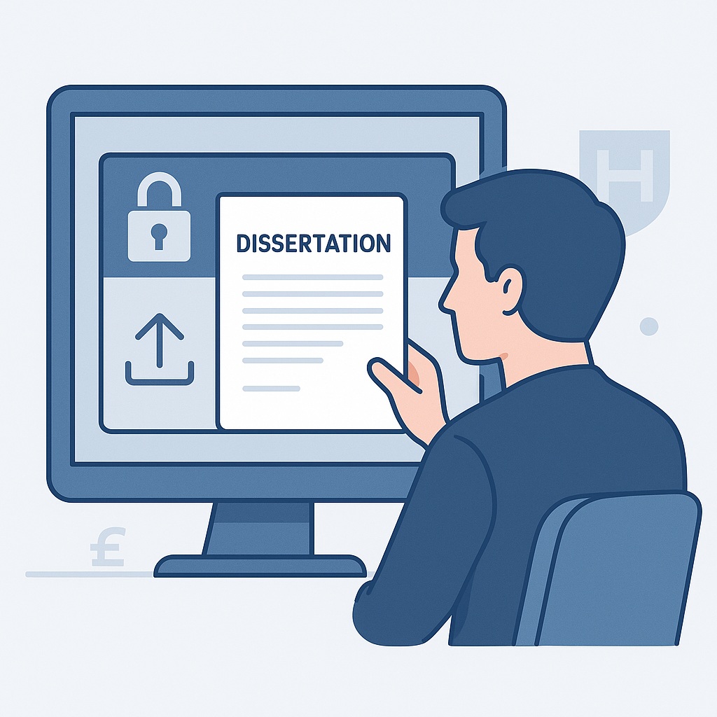 Student uploading dissertation on secure platform to check AI and ChatGPT plagiarism.