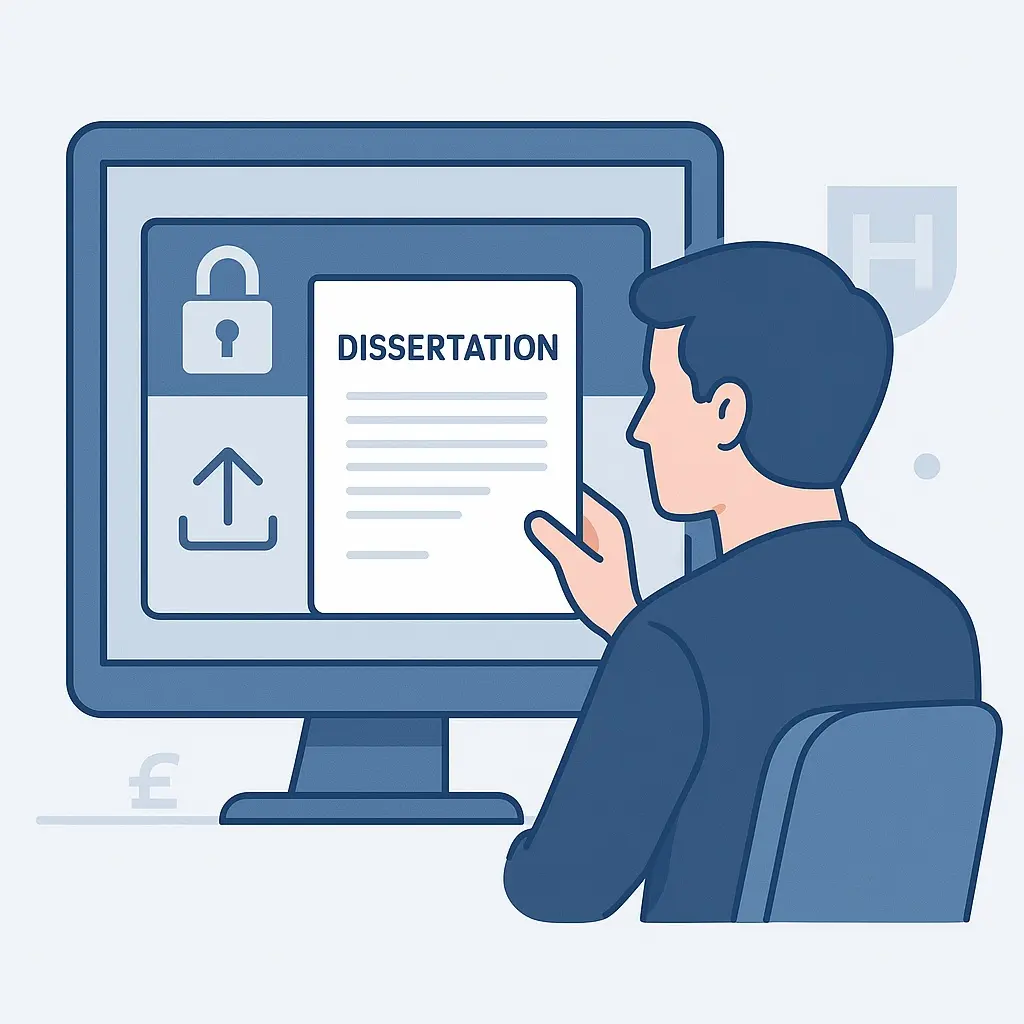 Student uploading dissertation on secure platform to check AI and ChatGPT plagiarism.