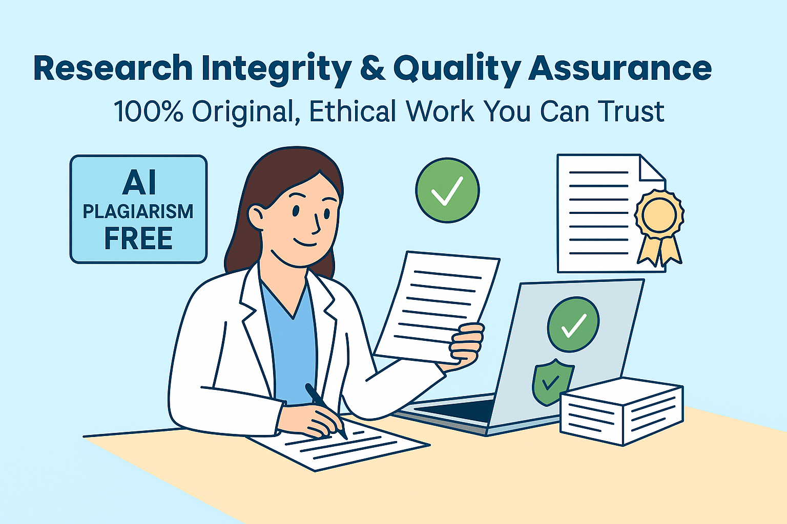 Illustration of a professional British female academic researcher reviewing ethical research papers on a laptop, representing 100% originality, research integrity, and quality assurance by Premier Dissertations.