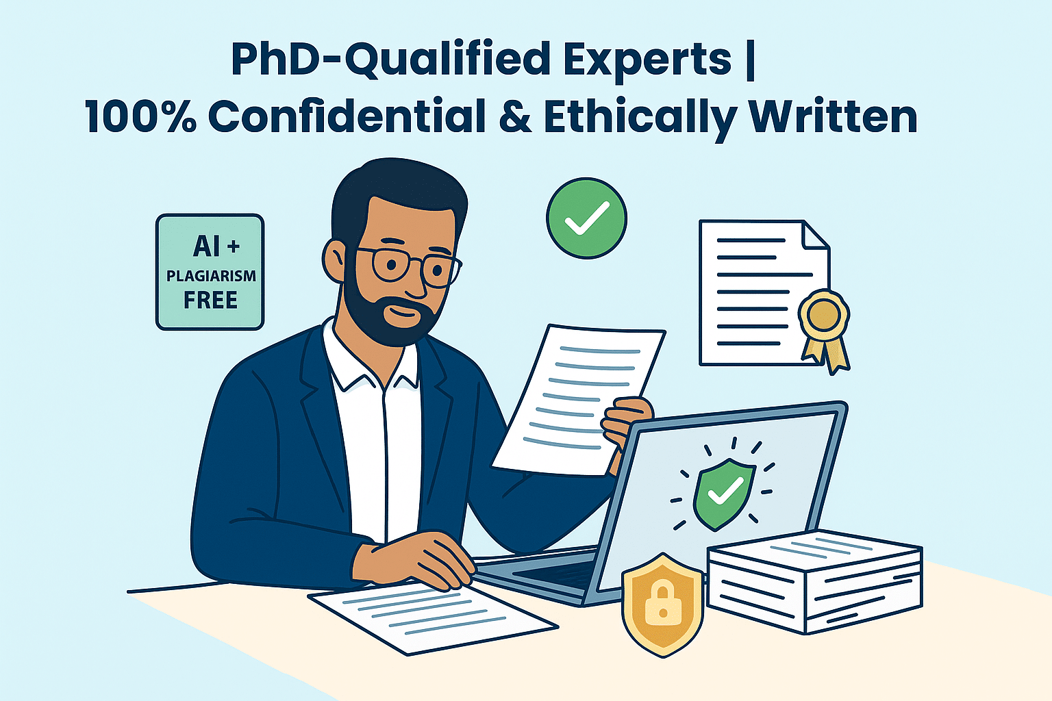 PhD-qualified academic expert working on confidential dissertation research with verified AI-free and plagiarism-free assurance at Premier Dissertations.