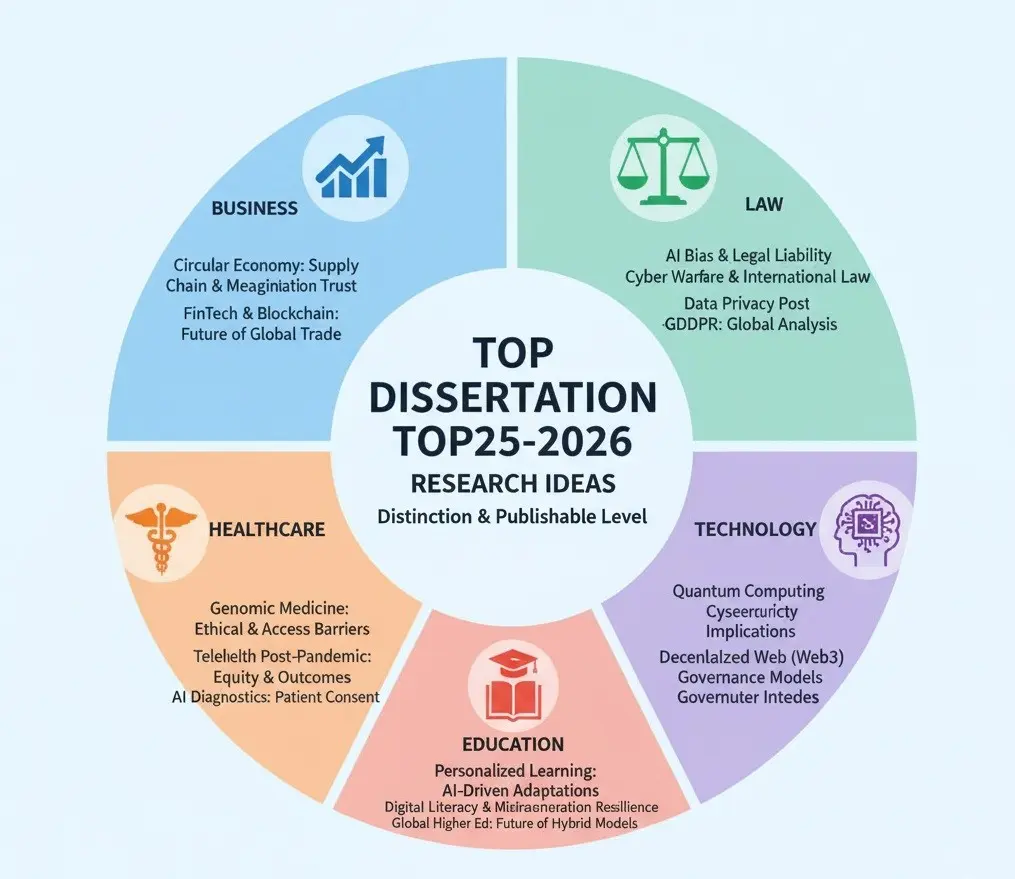 A modern, flat-style infographic titled TOP DISSERTATION TOPICS 2025-2026 RESEARCH IDEAS Distinction and Publishable Level