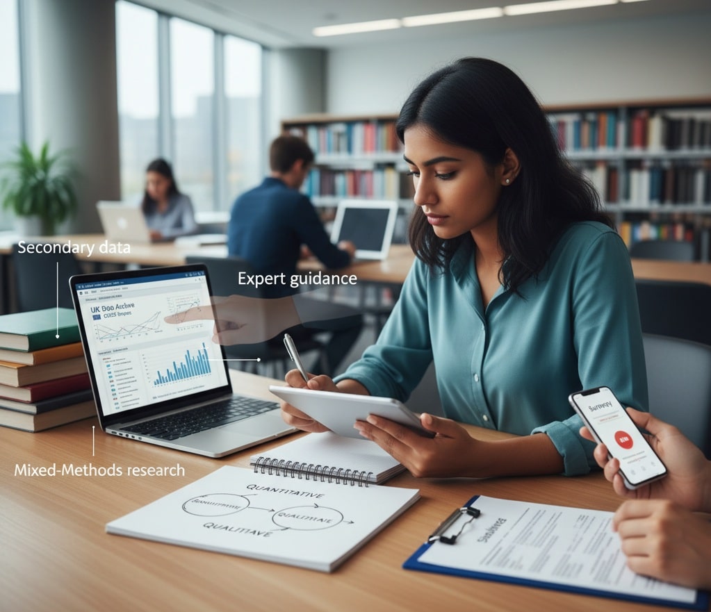 Dissertation data collection helps show a student organizing primary surveys, secondary research, and mixed-methods data with expert guidance