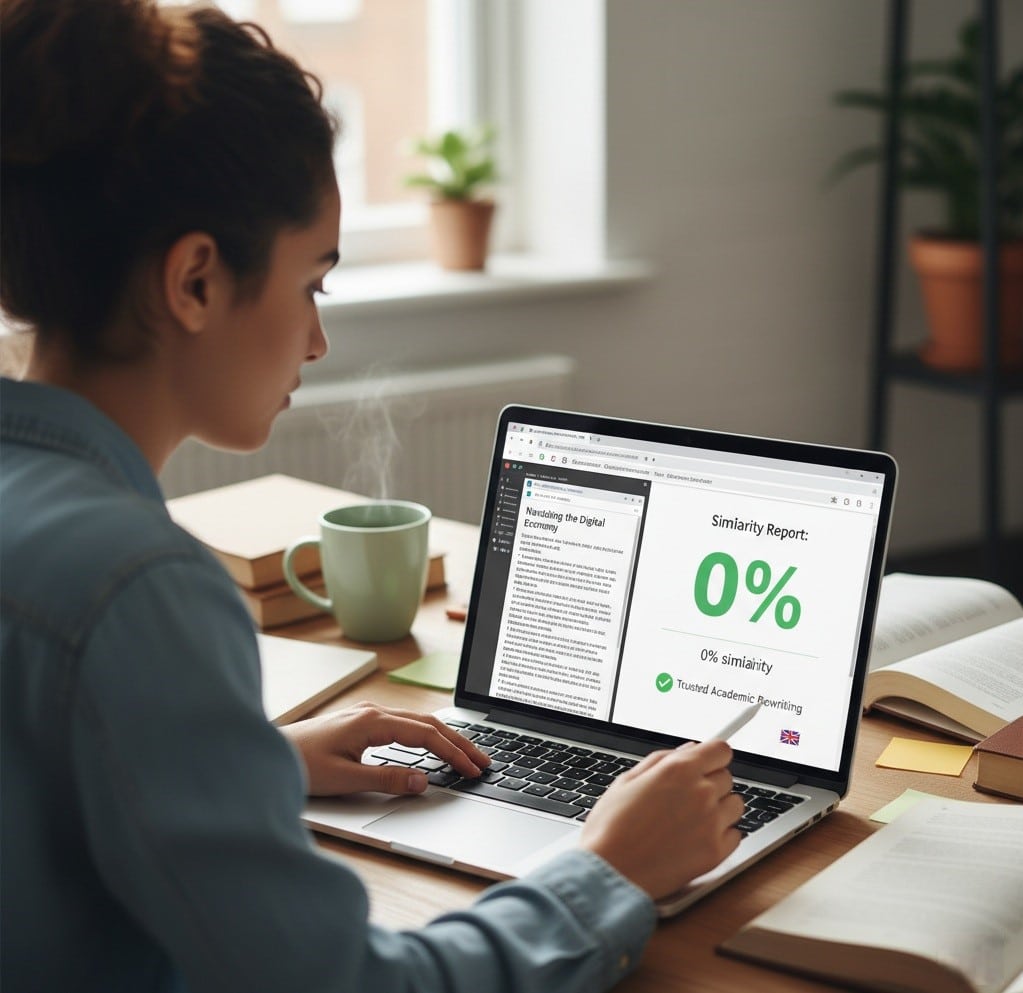 Student revising a dissertation on laptop with Turnitin report showing 0% plagiarism.