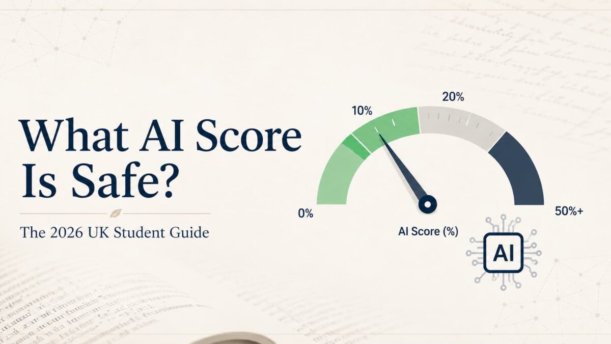 Turnitin AI detection score gauge showing safe range between 10 and 20 percent for UK dissertations in 2026