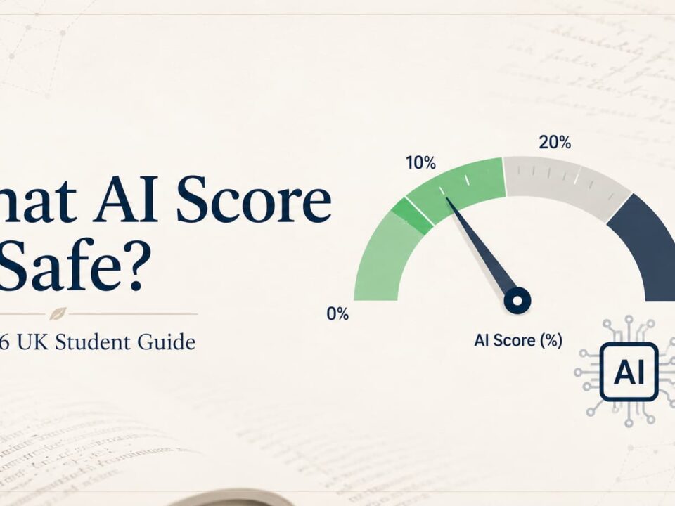 Turnitin AI detection score gauge showing safe range between 10 and 20 percent for UK dissertations in 2026