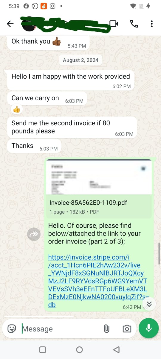 WhatsApp screenshot showing client confirming satisfaction and requesting second payment invoice — proof of Premier Dissertations split payment model