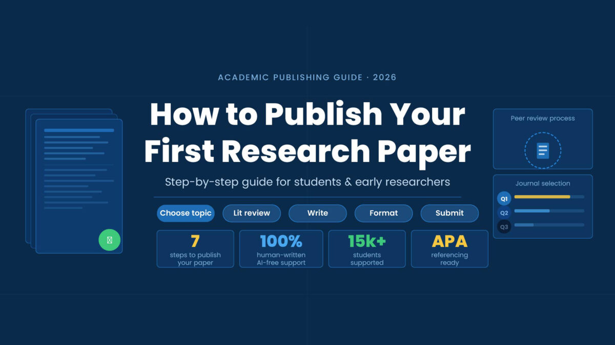 Student writing research paper on laptop with academic journal publication icons and university background