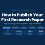 Student writing research paper on laptop with academic journal publication icons and university background