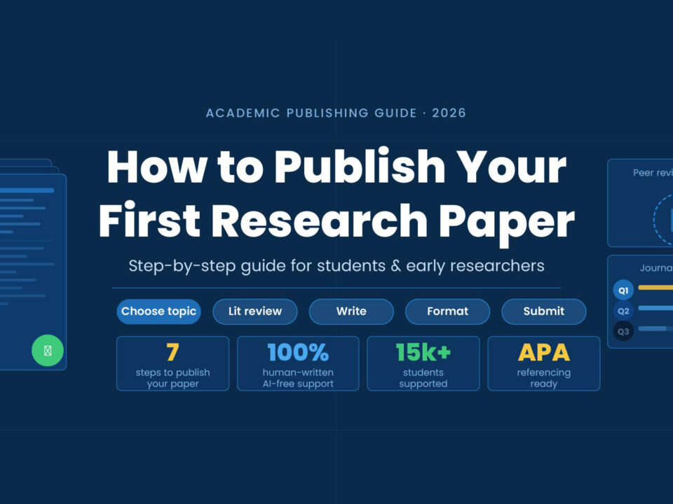 Student writing research paper on laptop with academic journal publication icons and university background