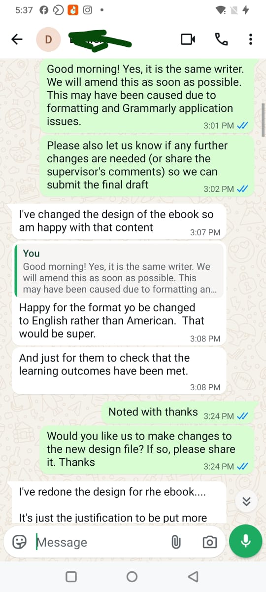 WhatsApp screenshot showing client happy with ebook content after amendments — Premier Dissertations revision service proof