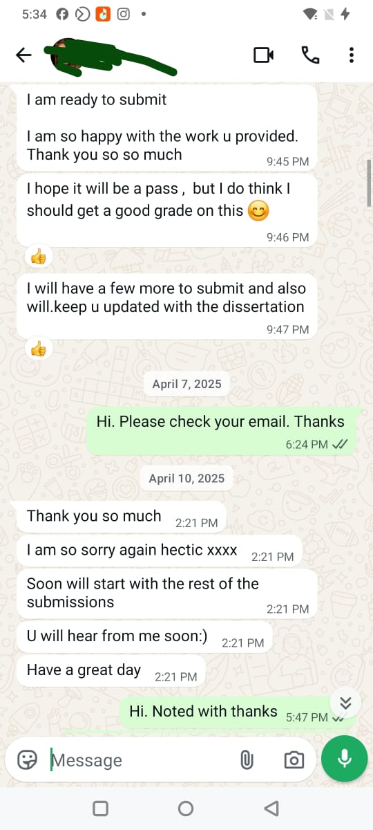 WhatsApp screenshot showing client happy with work, expecting good grades, confirming return for dissertation — Premier Dissertations repeat client proof