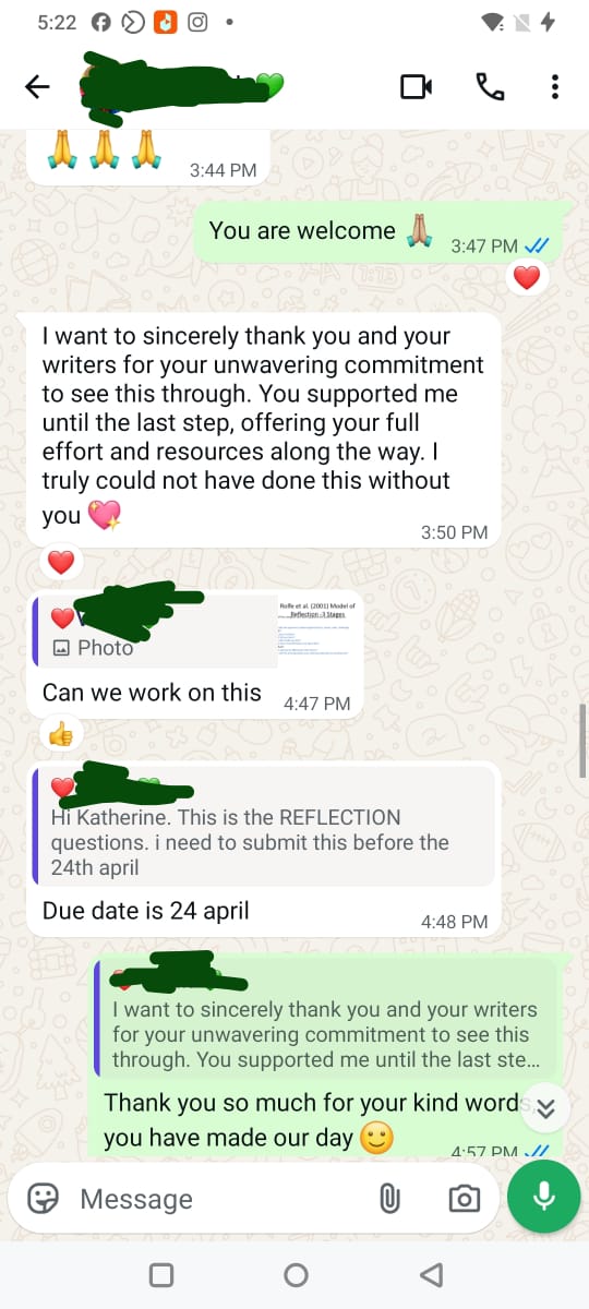 WhatsApp screenshot showing client sincerely thanking Premier Dissertations for unwavering commitment and full support throughout their project
