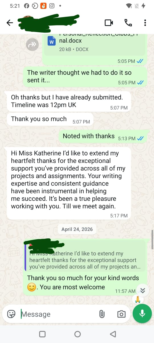 WhatsApp screenshot showing long-term client thanking Katherine at Premier Dissertations for exceptional support across multiple projects — April 2026