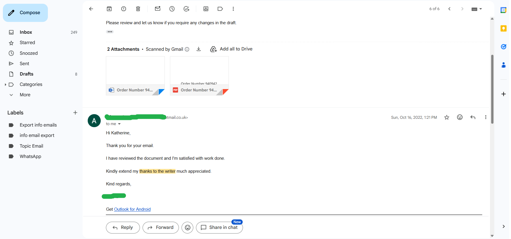 Email screenshot showing Premier Dissertations delivering draft with plagiarism report, client confirming satisfaction — proof of included plagiarism check