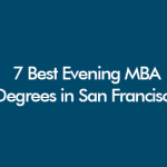 A professional woman in business attire sitting at a modern desk with laptop, looking thoughtfully at the San Francisco skyline visible through a large window at dusk. Golden Gate Bridge and downtown SF skyline visible. Evening lighting with warm amber and cool blue tones. Laptop screen shows MBA program research. Coffee cup, notebook, and smartphone on desk. Professional, aspirational, determined mood.