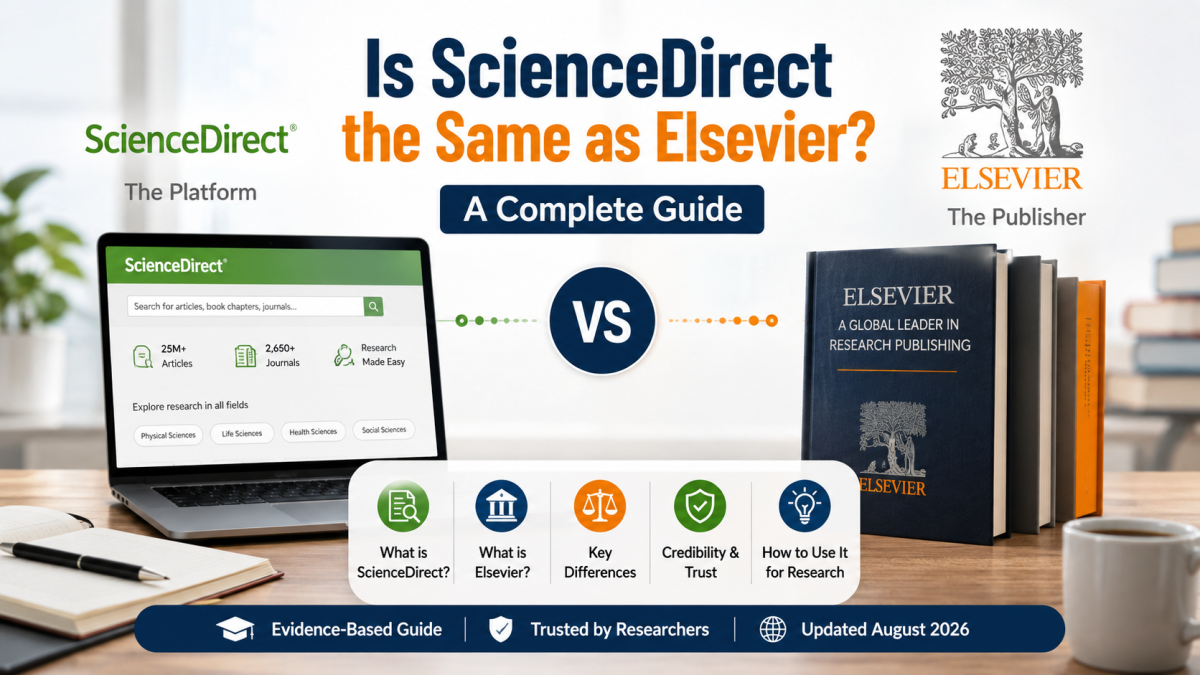 Is ScienceDirect the Same as Elsevier? A Complete Guide — academic infographic comparing ScienceDirect as Elsevier’s research platform with Elsevier as the publisher, featuring a laptop, academic books, research icons, and an updated August 2026 guide.