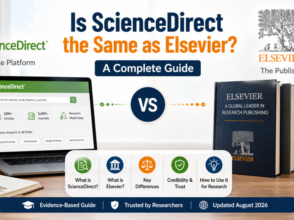 Is ScienceDirect the Same as Elsevier? A Complete Guide — academic infographic comparing ScienceDirect as Elsevier’s research platform with Elsevier as the publisher, featuring a laptop, academic books, research icons, and an updated August 2026 guide.