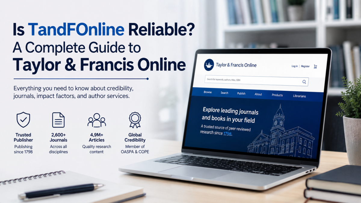 Is TandFOnline Reliable? A Complete Guide to Taylor & Francis Online, featuring a laptop displaying the academic research platform, with visual highlights for trusted publishing, 2,600+ journals, 4.9M+ articles, and OASPA and COPE membership.
