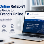Is TandFOnline Reliable? A Complete Guide to Taylor & Francis Online, featuring a laptop displaying the academic research platform, with visual highlights for trusted publishing, 2,600+ journals, 4.9M+ articles, and OASPA and COPE membership.