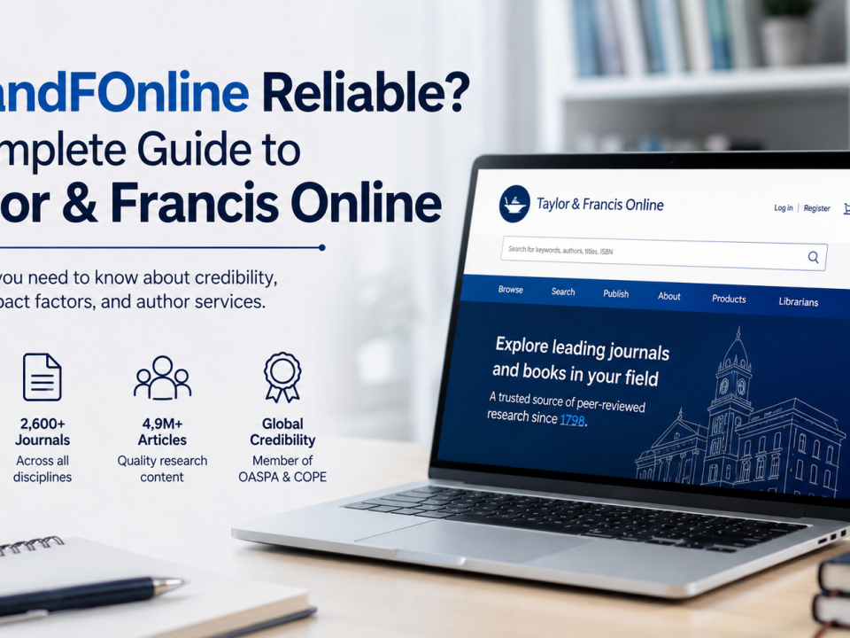 Is TandFOnline Reliable? A Complete Guide to Taylor & Francis Online, featuring a laptop displaying the academic research platform, with visual highlights for trusted publishing, 2,600+ journals, 4.9M+ articles, and OASPA and COPE membership.