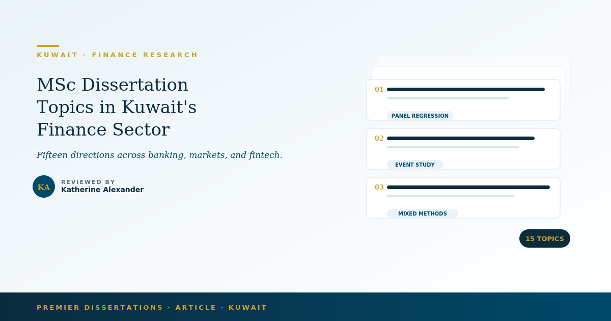 "MSc Dissertation Topics in Kuwait's Finance Sector: Islamic banking, capital markets, fintech, and corporate governance research directions for postgraduate students."