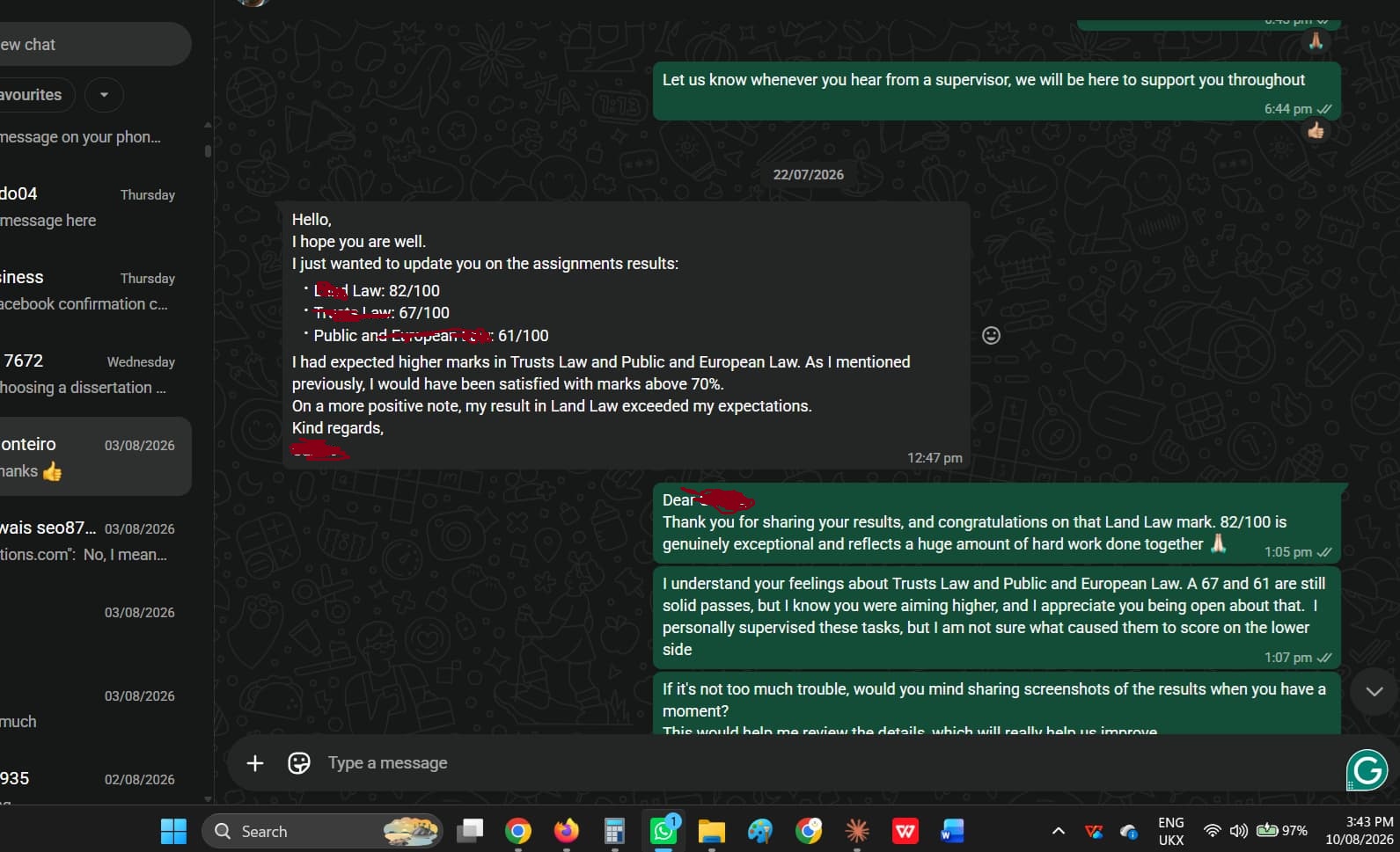 WhatsApp conversation: Carlos shares law results Land Law 82/100 Trusts Law 67/100 Public and European Law 61/100