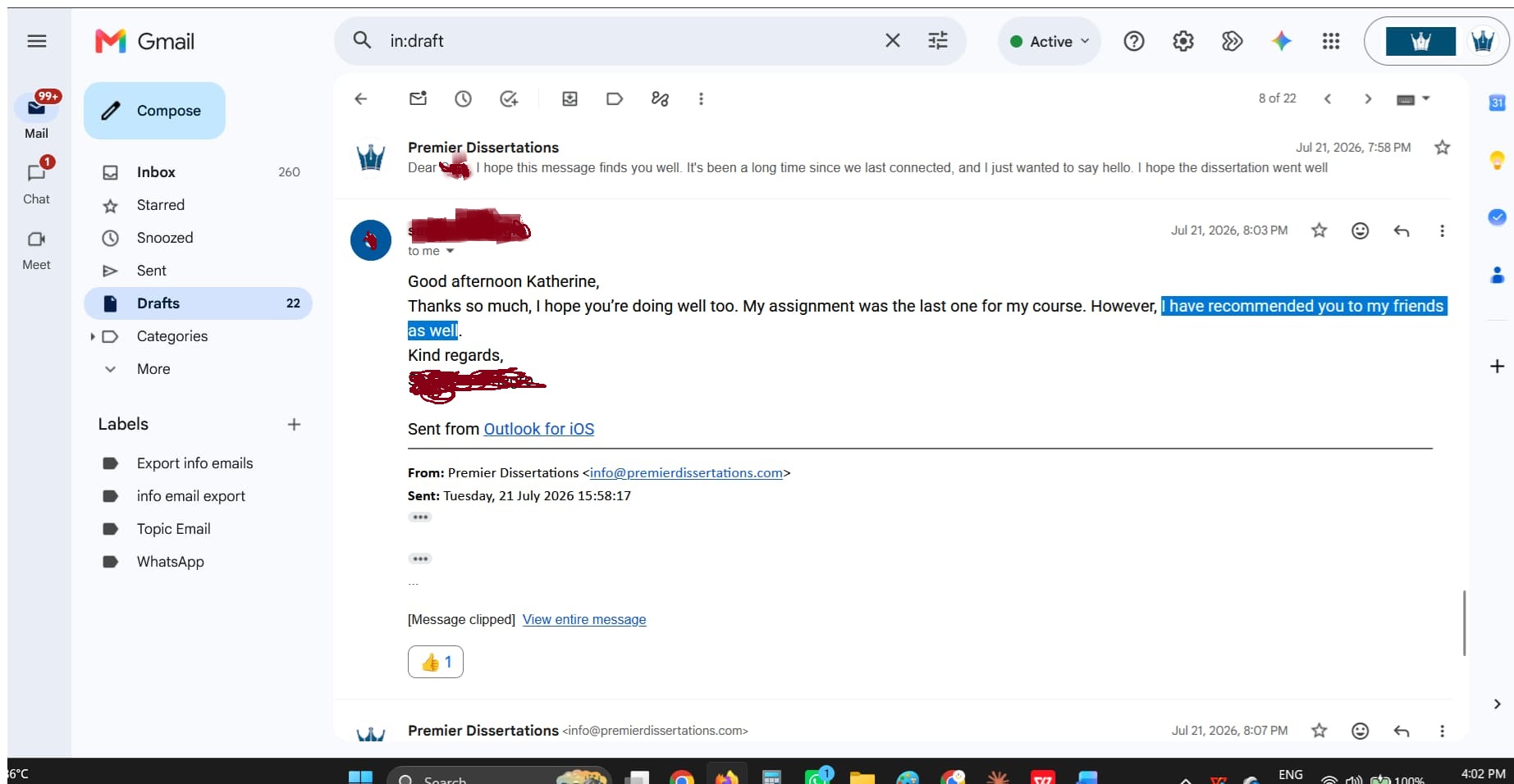 Email conversation: Sara confirms course completion and recommends Premier Dissertations to friends