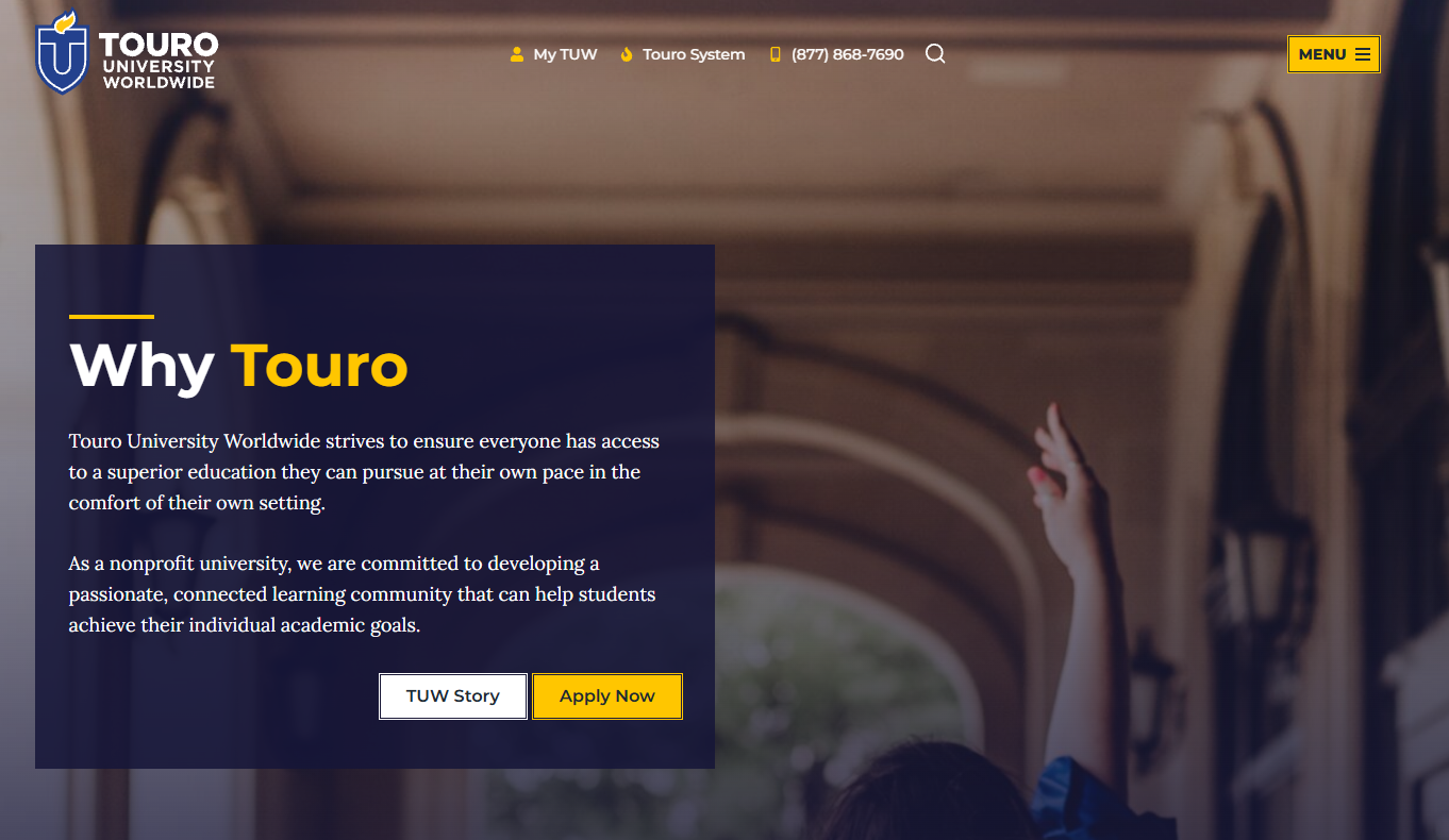 Touro University Worldwide homepage screenshot showing “Why Touro” section, TUW Story button, and Apply Now button.