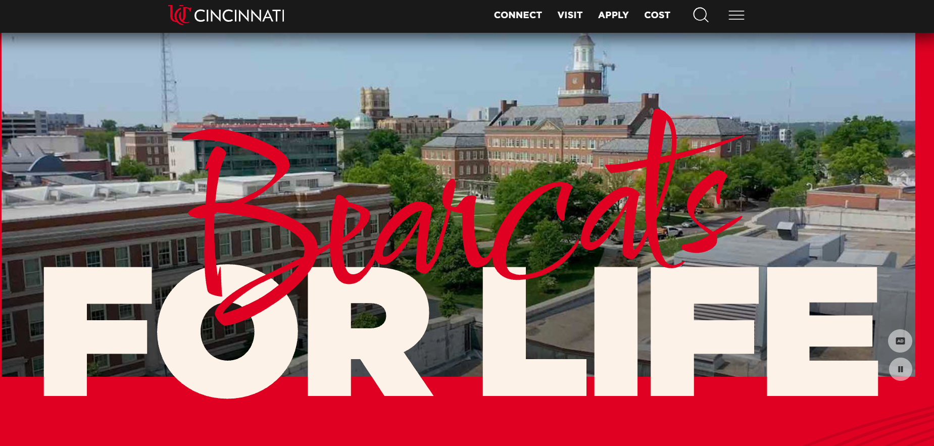 University of Cincinnati website banner with “Bearcats For Life” text and campus building background.